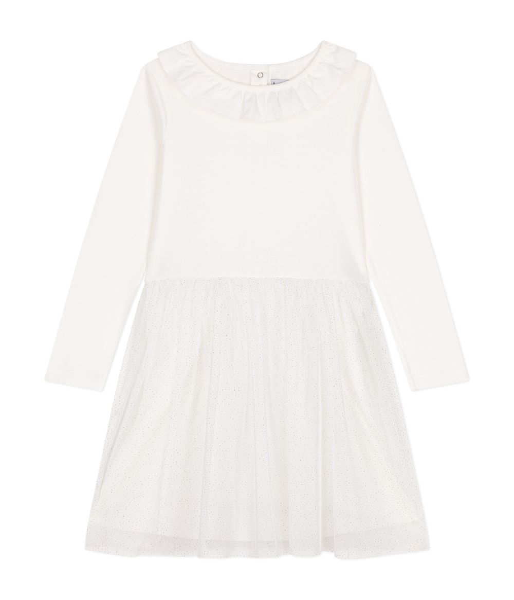 Petit Bateau - Girls Rib Knit Tulle Dress - Marshmallow White