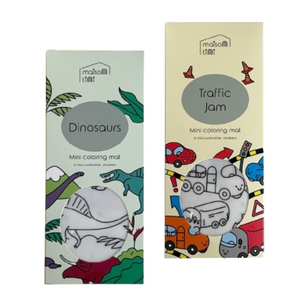 Maison Tini - Mini Coloring Placemats - Dinosaur And Traffic Jam - 2 Pcs