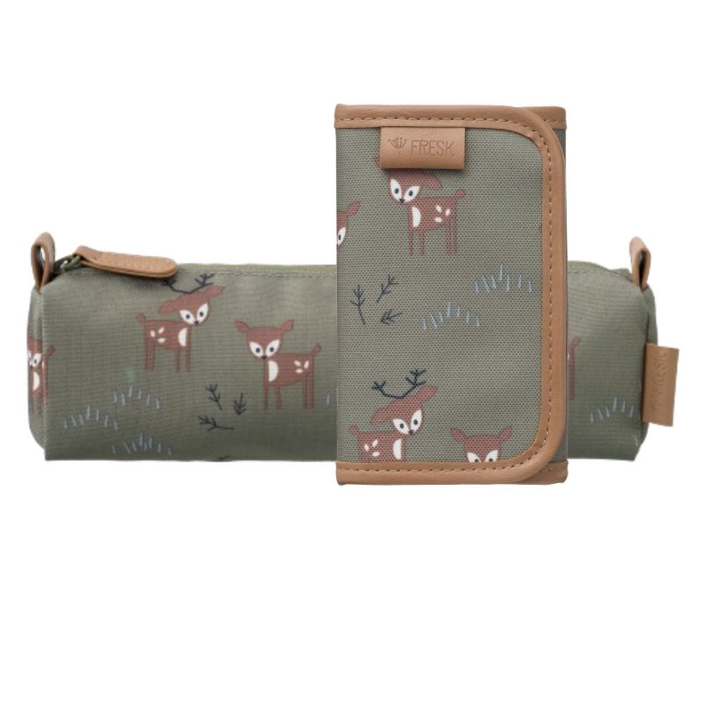 Fresk - Pencil Case And Wallet Set - Deer Olive - 2 Pcs