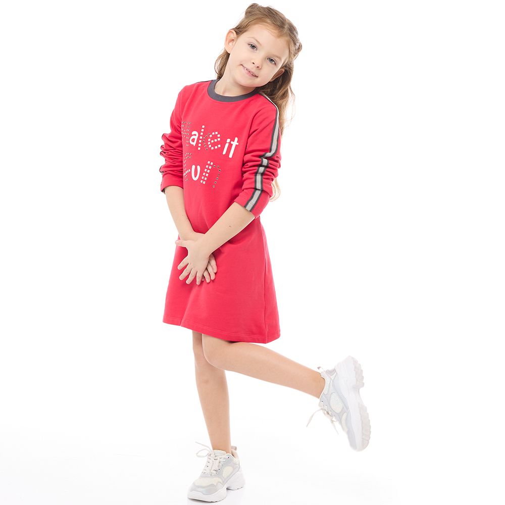 Victor and Jane - Girls' Stylish Solid A-Line Studs & Ribbed Long Sleeves Dresses Fuschia