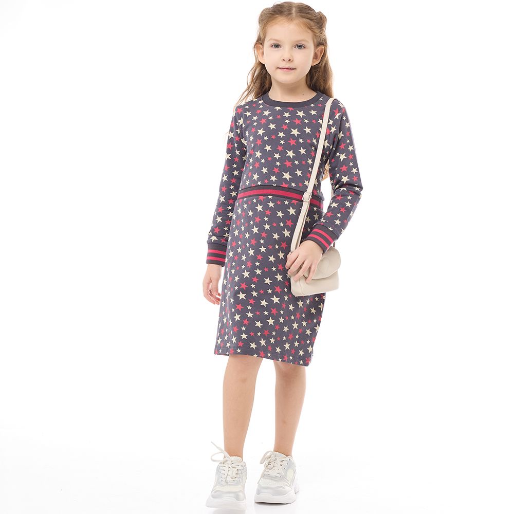 Victor and Jane - Girls' Stylish Printed "Stars" Long Sleeves Dresses Dark Gray