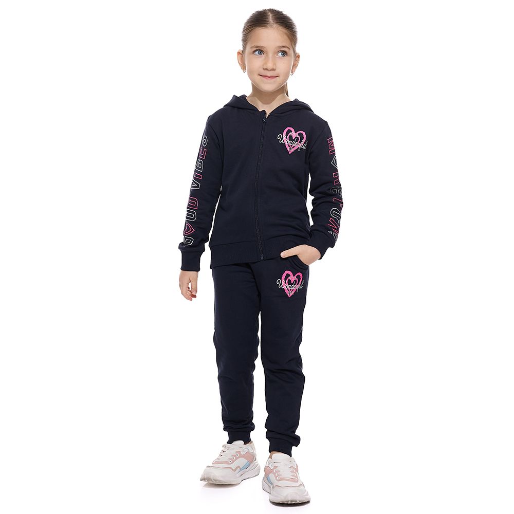 Victor and Jane - Co-ords Set - Glitter Heart Sweatshirt & Pants - Navy - 2 Pcs