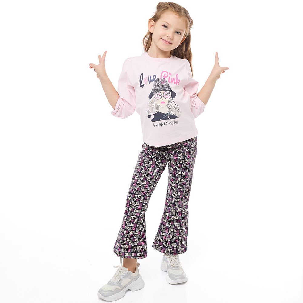 Victor and Jane - Long Sleeves Sweat Top & Printed Flared Leggings - Pink - 2 Pcs