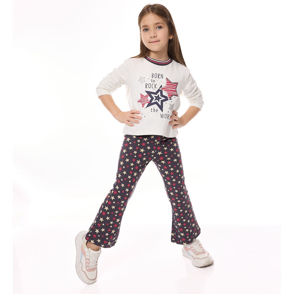 Victor and Jane - Long Sleeves Sweat Top & Stars Pattern Flared Leggings - Off White - 2 Pcs