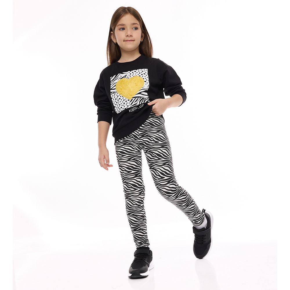 Victor and Jane - Sweat Top & Printed Zebra Leggings - Black - 2 Pcs