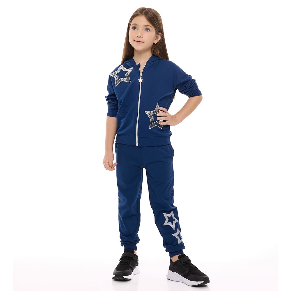 Victor and Jane - Full Zipper Hoodie Top & Pants - Blue with Star Embroidery - 2 Pcs