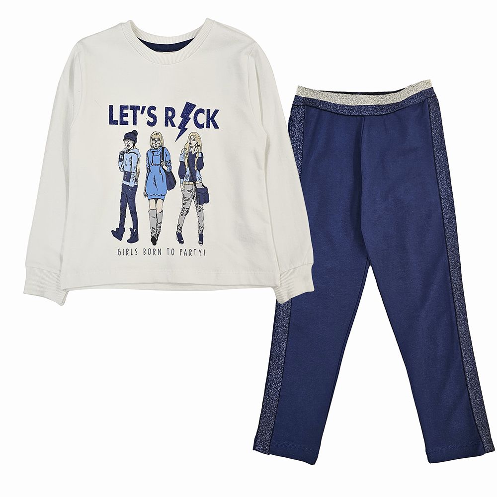 Victor and Jane - 2pc-Set - Girls' Long Sleeves Sweat Top And Leggings - Off White/Blue