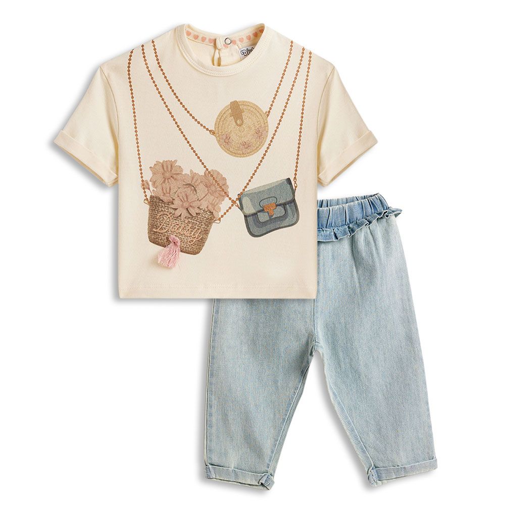 Dirkje - 2pc-Set - Girls' Loose Fit T-Shirt & Trousers - Beige/Blue