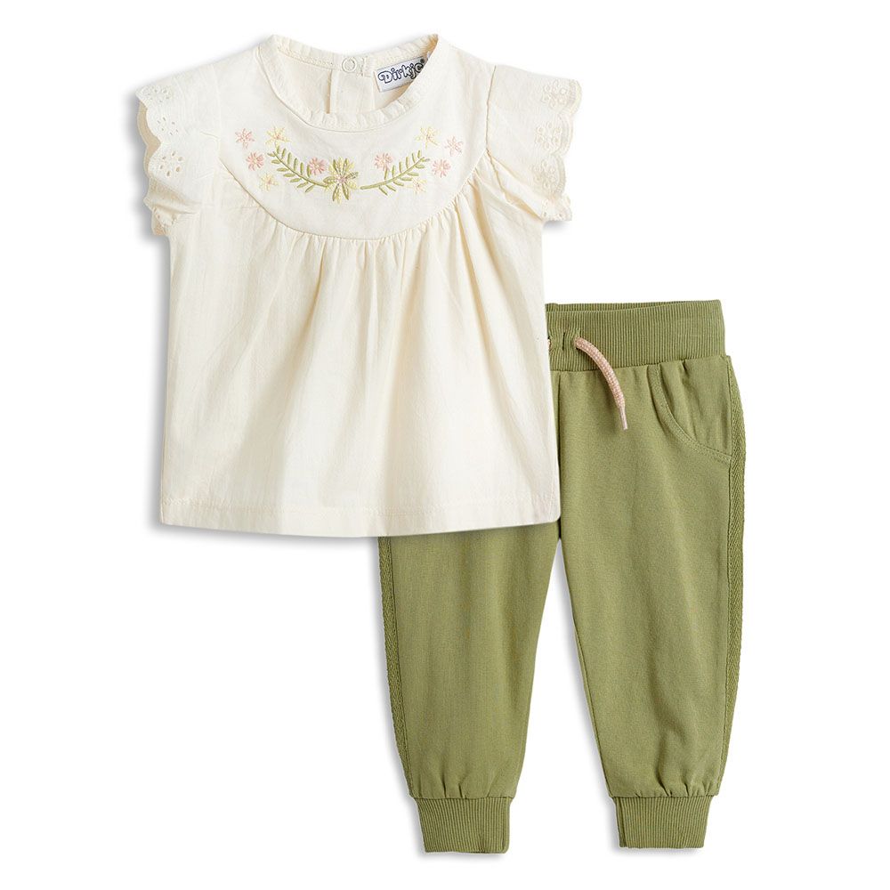 Dirkje - 2pc-Set - Girls' T-Shirt & Jogging Trousers - Off-White/Olive