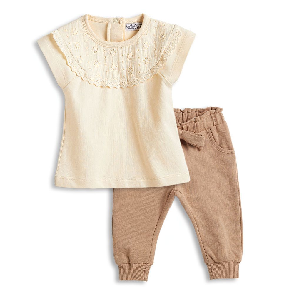 Dirkje - 2pc-Set - Girls' T-Shirt And Trousers - Beige/Brown