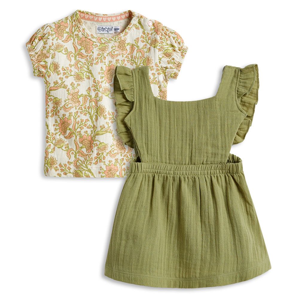 Dirkje - 2pc-Set - Girls' Ruffle Cotton Dress And T-Shirt - Olive/Beige