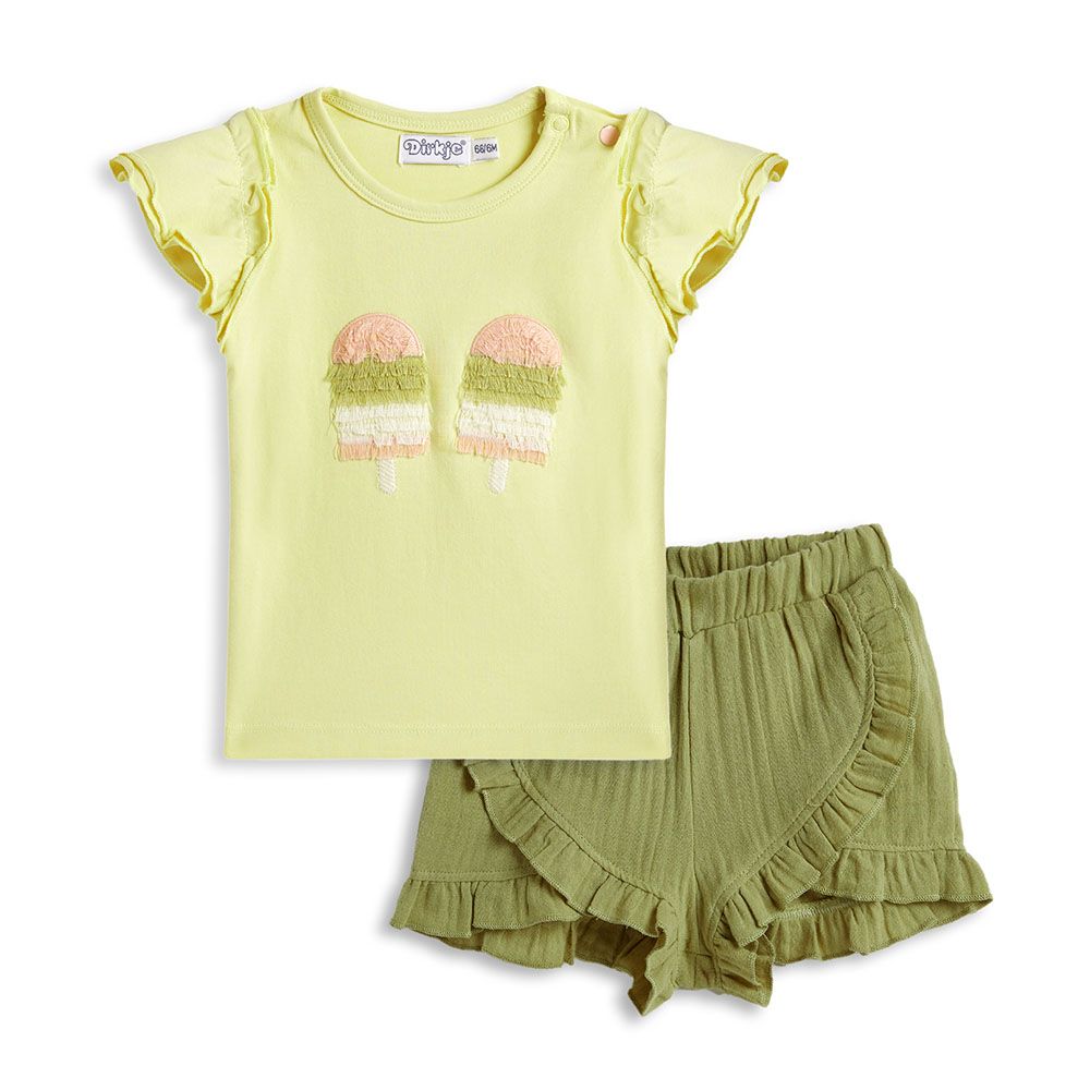 Dirkje - 2pc-Set - Girl's T-Shirt And Shorts - Light Green/Olive