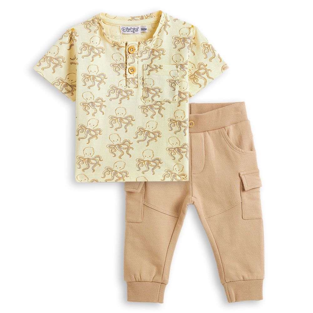 Dirkje - 2pc-Set - Boy's Octopus Printed Shirt & Pants - Sand