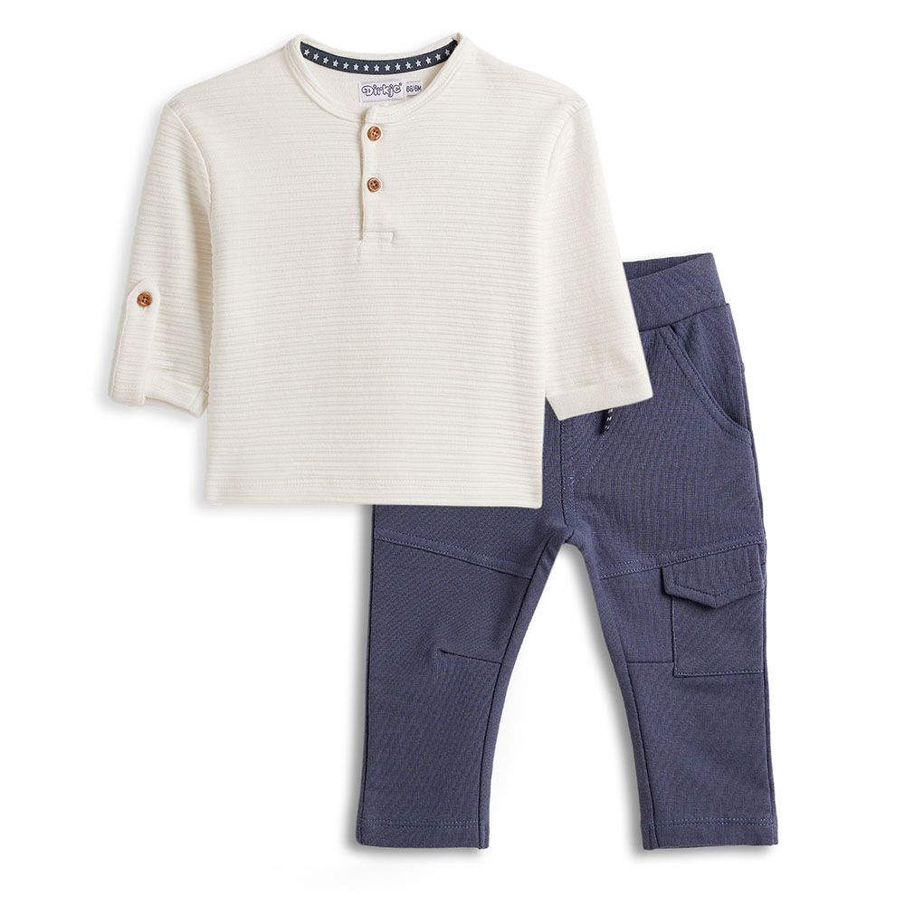 Dirkje - 2pc-Set - Boy's Chinese Collar Shirt And Trousers - White/Navy