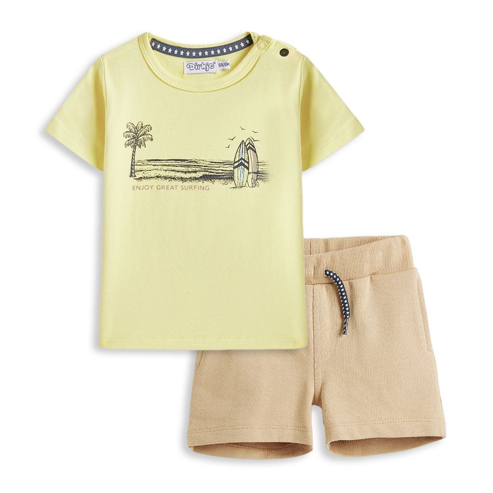 Dirkje - 2pc-Set - Boy's T-Shirt And Shorts - Lemon Yellow/Brown