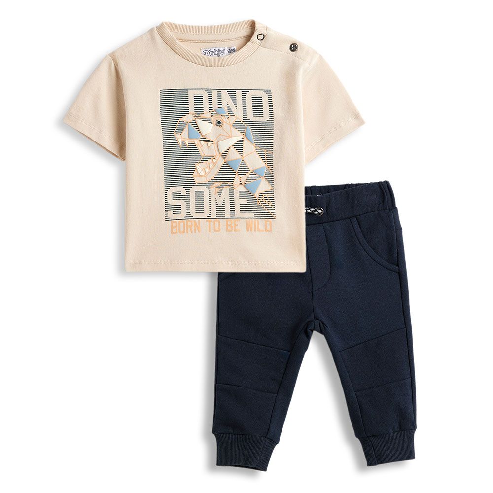 Dirkje - 2pc-Set - Boy's T-Shirt And Trousers - Beige/Navy