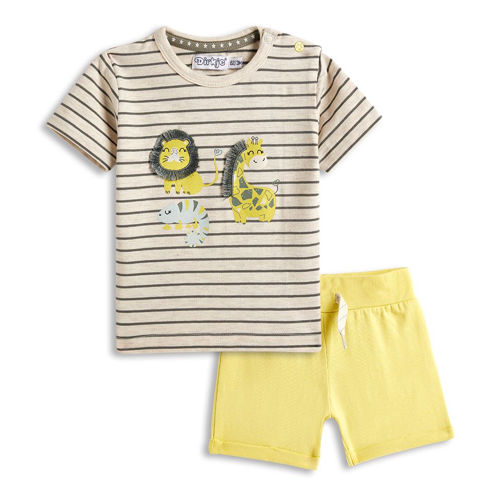 Dirkje - 2pc-Set - Boy's Stripes T-Shirt And Shorts - Lemon Yellow/Brown