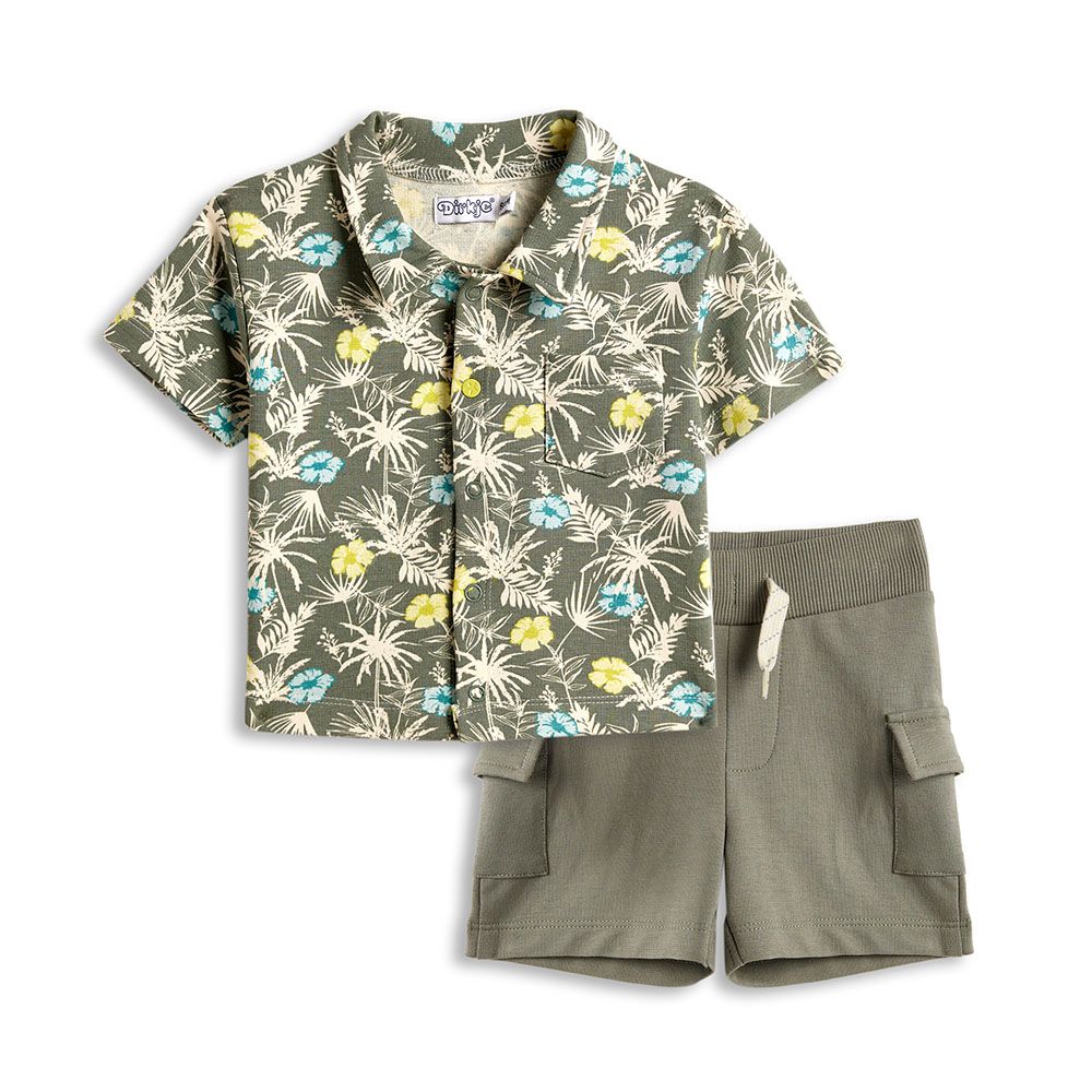 Dirkje - 2pc-Set - Boy's Printed T-Shirt And Cargo Shorts - Grey