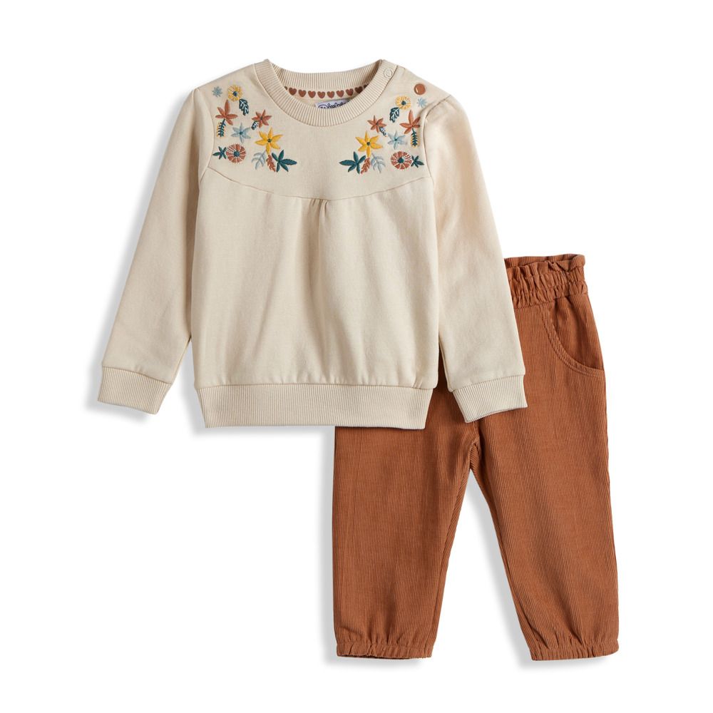 Dirkje - 2pc-Set - Embroidered Top And Pants - Beige/Brown