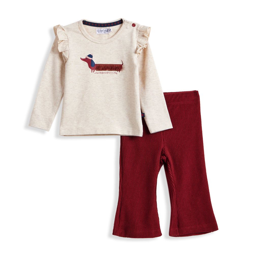 Dirkje - 2pc-Set - Girls' Top And Pants - Off-Beige/Dark Red