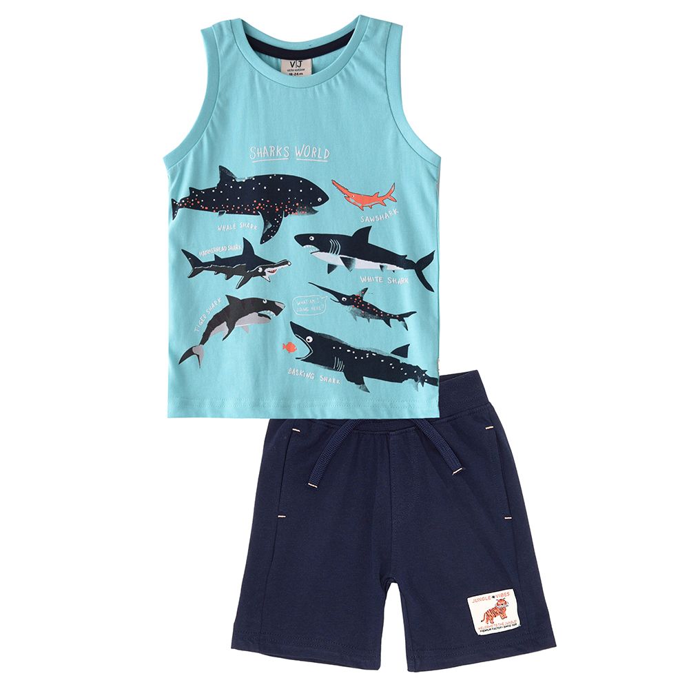 Victor and Jane - Baby Boy Sharks Printed Sleeveless T-Shirt & Shorts - 2pc Set - Blue/Navy