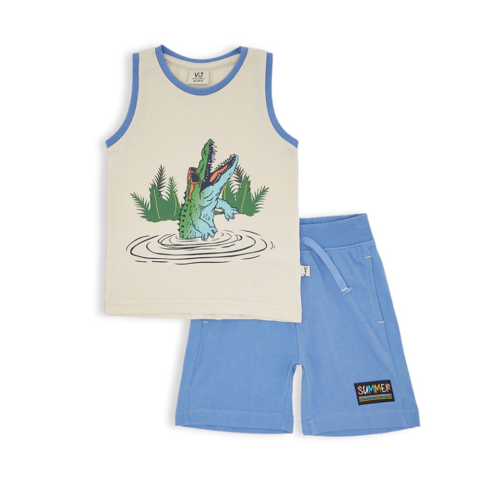 Victor and Jane - 2pc-Set - Baby Boy Sleeveless T-Shirt & Shorts - Cream/Blue