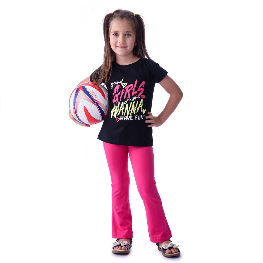 Victor and Jane - 2pc-Set - Girl's Tee And Flared Legging Outfit - Black/Pink