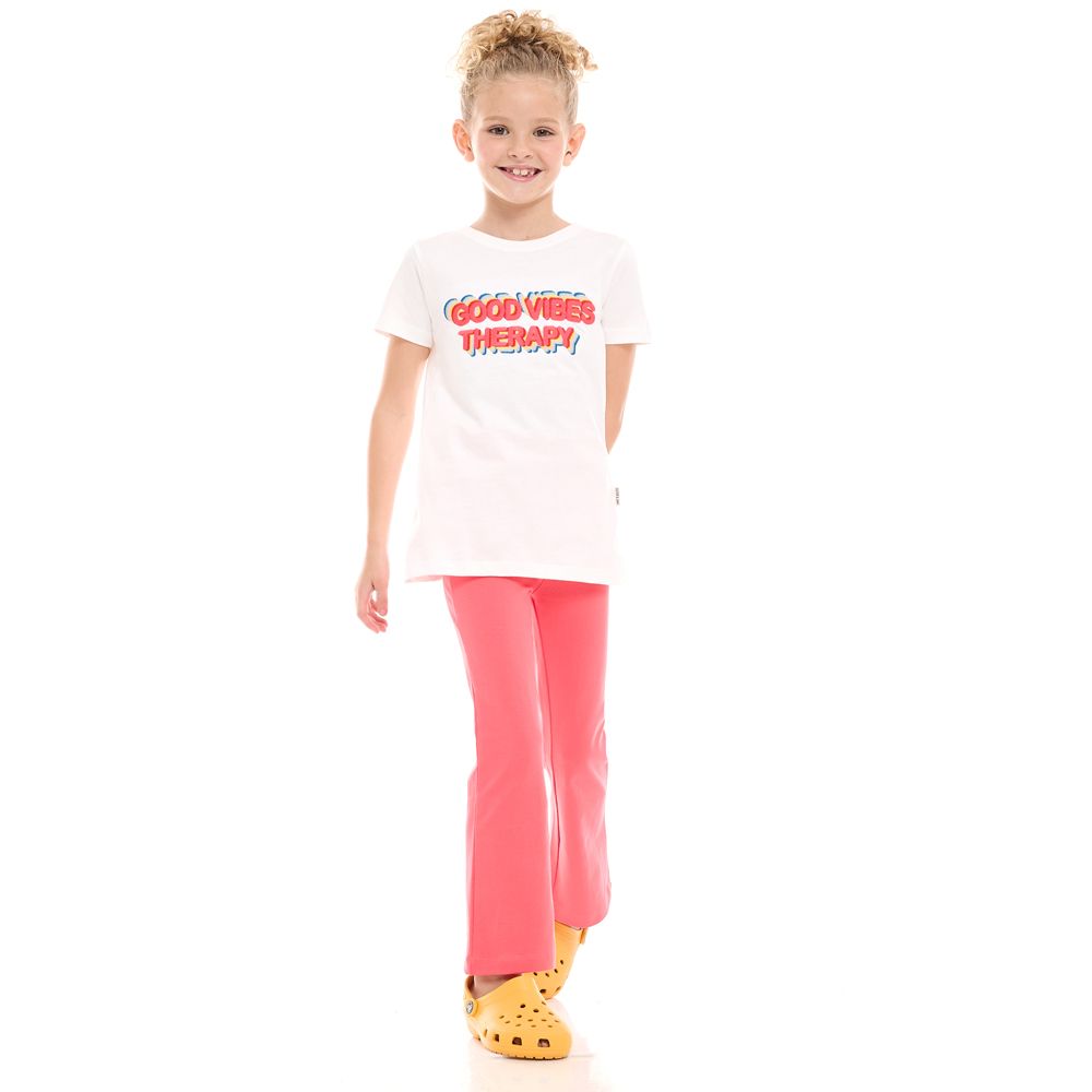 Victor and Jane - 2pc-Set - Girl's Tee And Flared Legging Outfit - Off-White/Coral