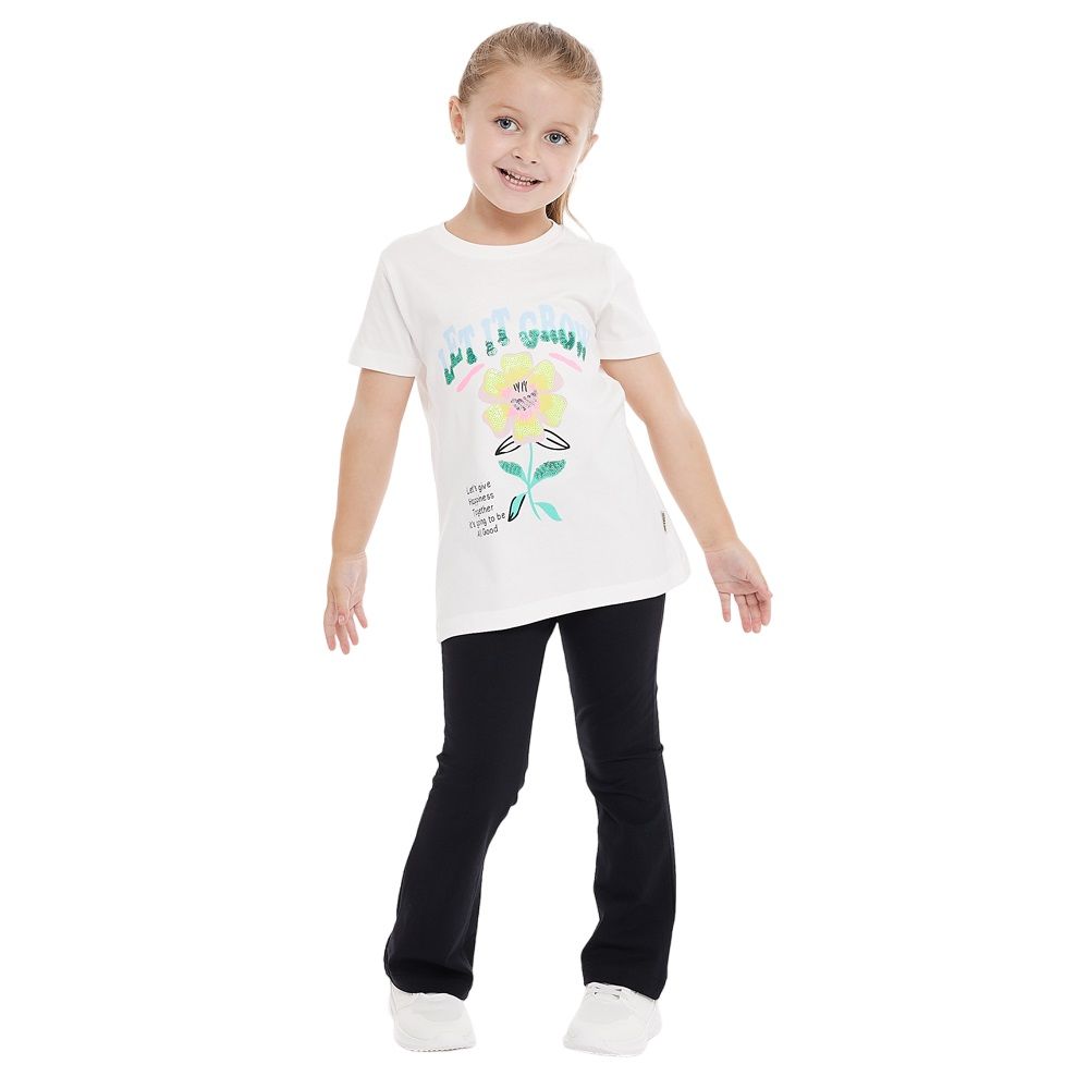 Victor and Jane - 2pc-Set - Girl's Tee And Flared Legging Outfit - Off-White/Black