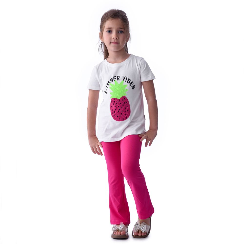 Victor and Jane - 2pc-Set - Girl's Tee And Flared Legging Outfit - Off-White/Pink