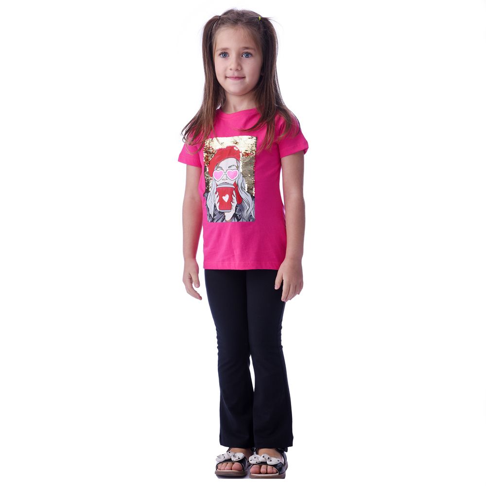 Victor and Jane - 2pc-Set - Girl's Tee And Flared Legging Outfit -  Black/Pink