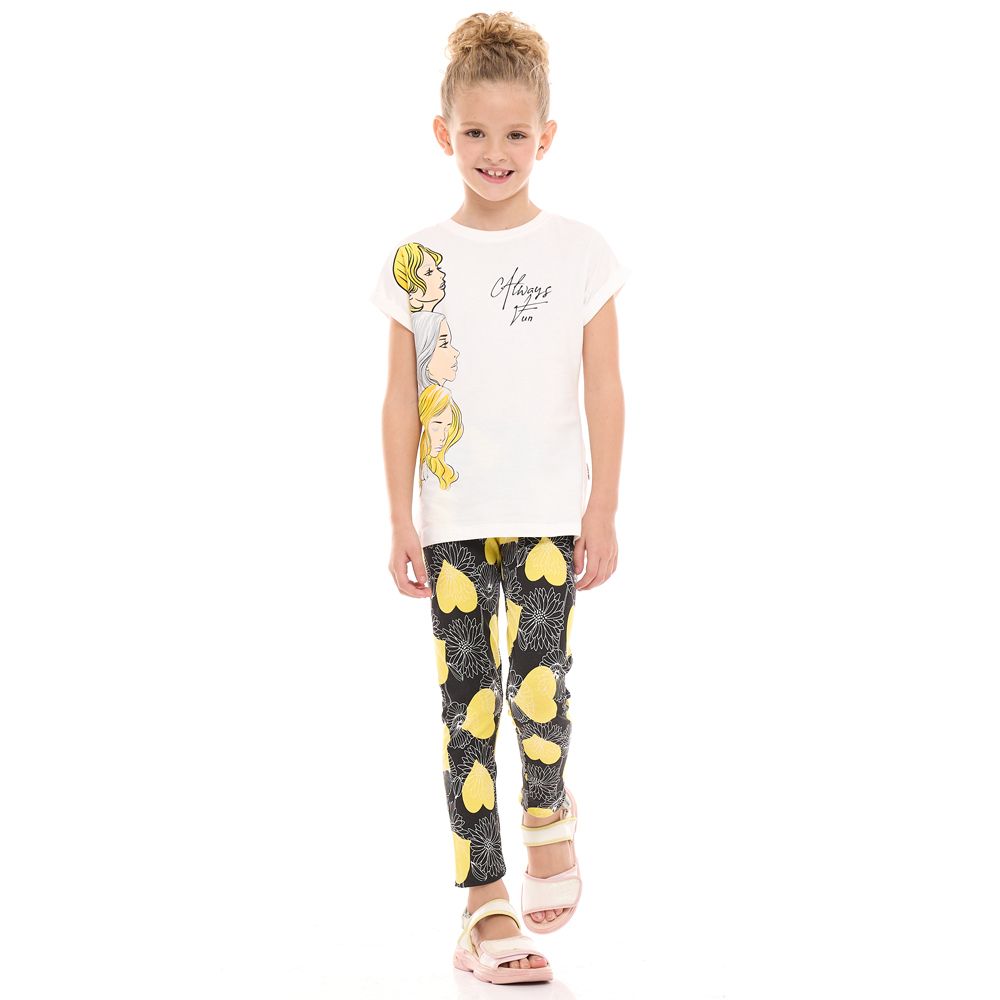 Victor and Jane - Girls’ Tee & Legging 2-Piece Set - Offwhite & Yellow