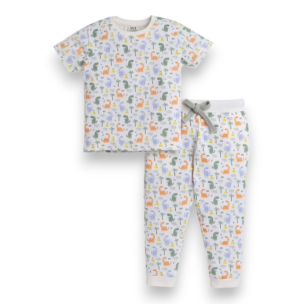 Victor And Jane - 2pc-Set - Boy's All-Over Dinosaur Printed Pyjama T-Shirt & Pants - Multicolor