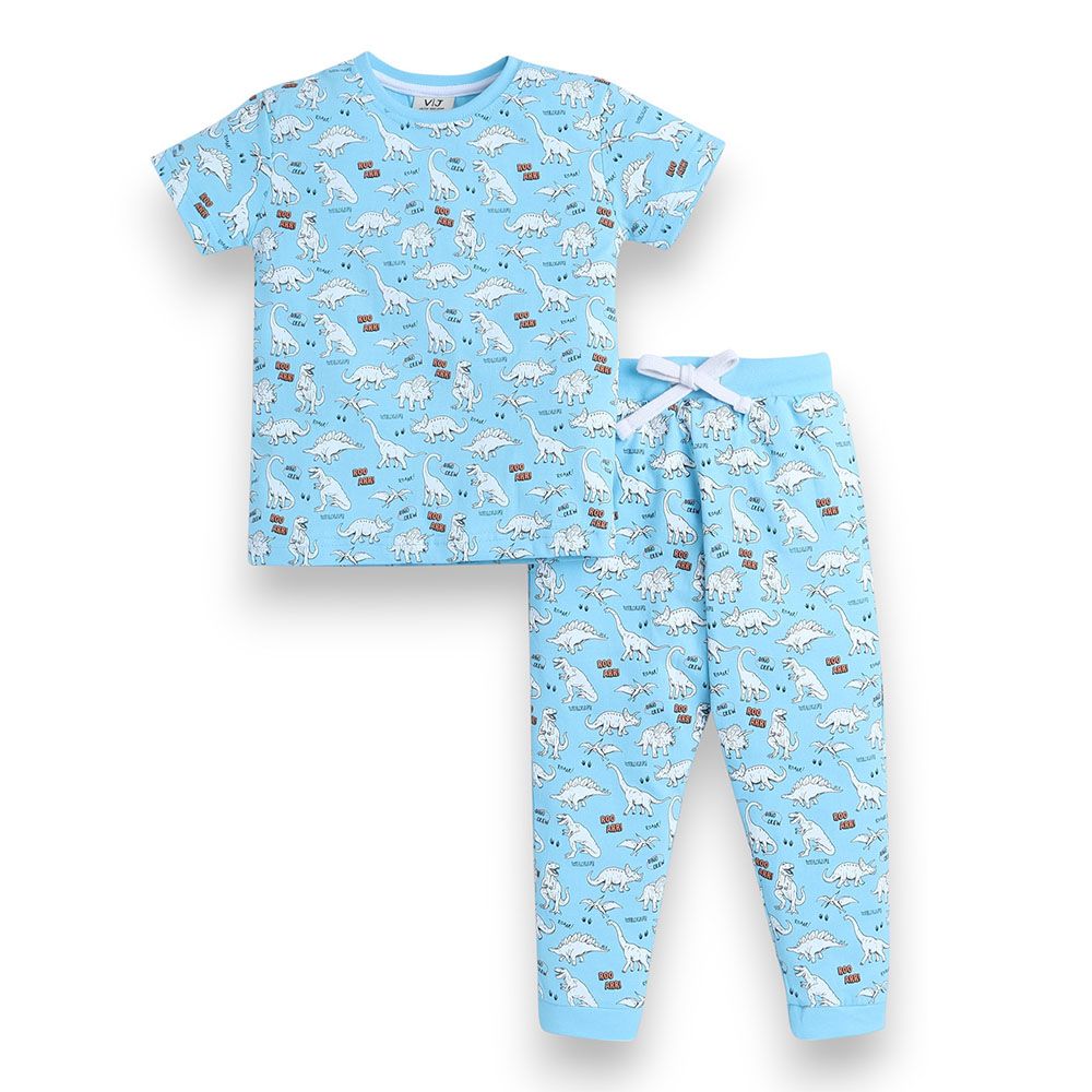 Victor And Jane - 2pc-Set - Boy's Printed T-Shirt And Long Pants - Sky Blue