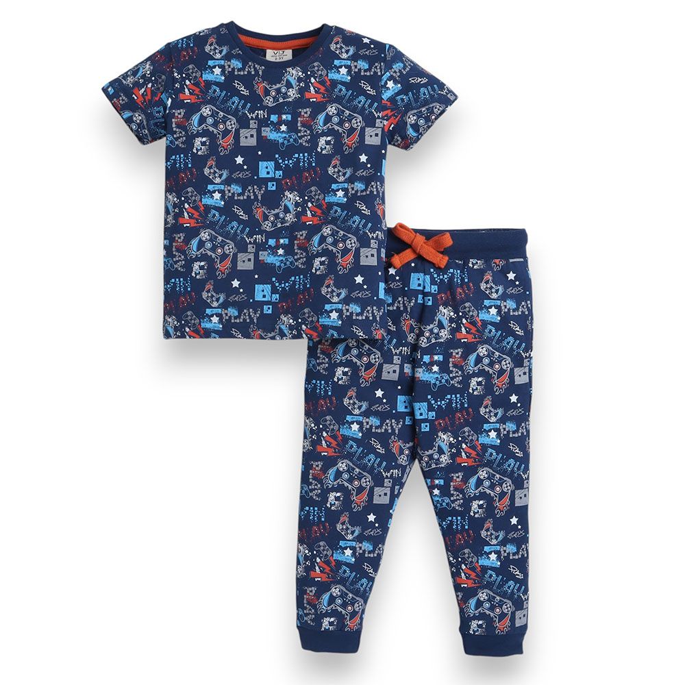 Victor And Jane - 2pc-Set - Boy's All-Over Printed Pyjama T-Shirt & Pants - Blue