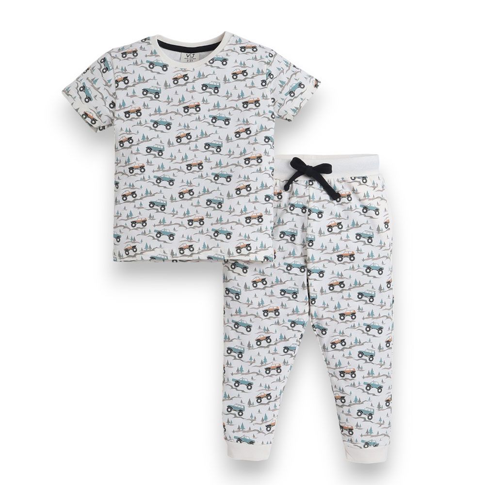 Victor And Jane - 2pc-Set - Boy's All-Over Printed Pyjama T-Shirt & Pants - Grey