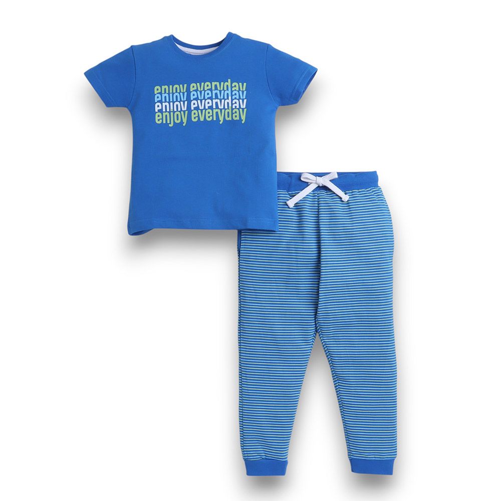 Victor And Jane - 2pc-Set - Boy's Enjoy Everyday Printed T-Shirt And Long Pants - Navy Blue