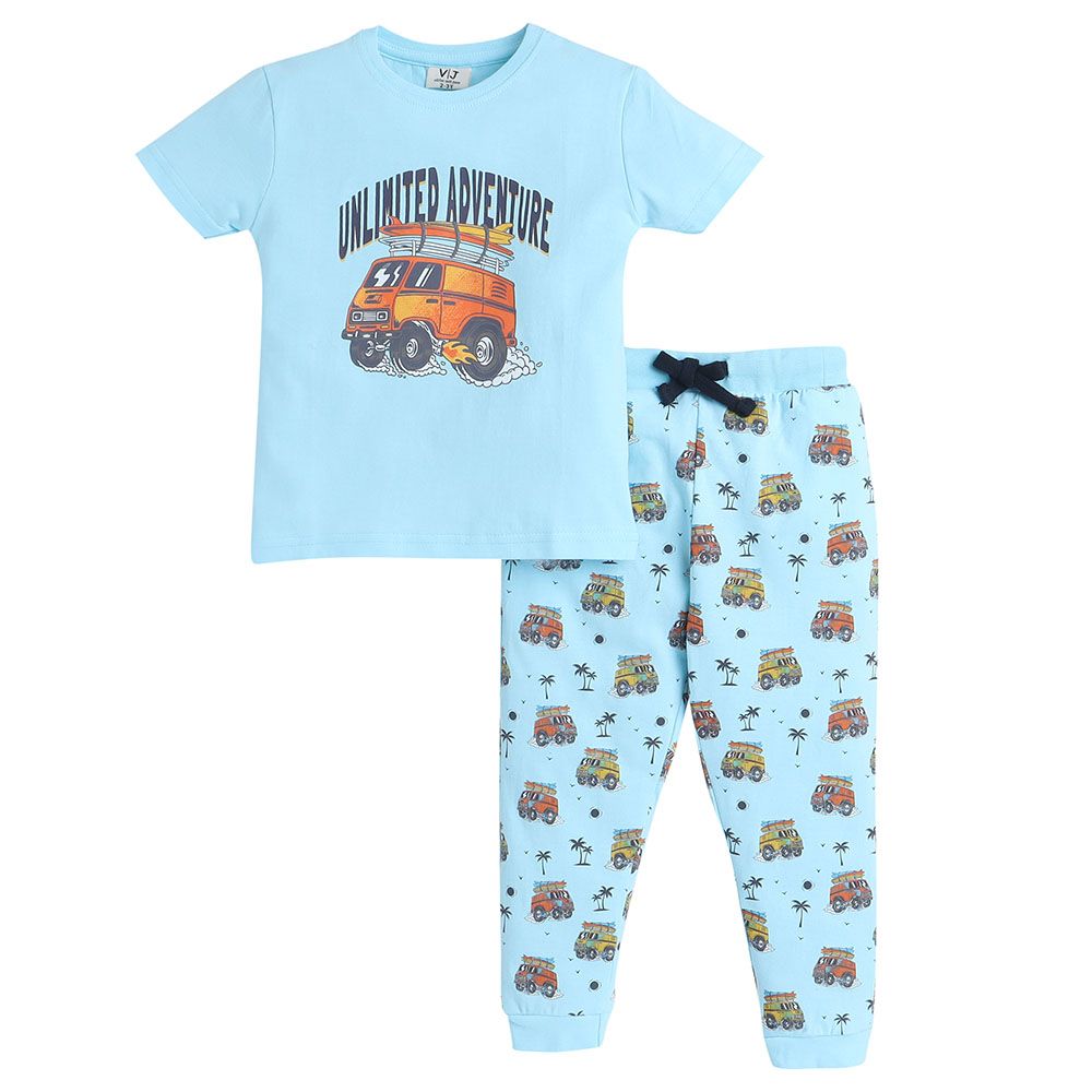 Victor And Jane - 2pc-Set - Boy's Printed T-Shirt And Long Pants - Blue