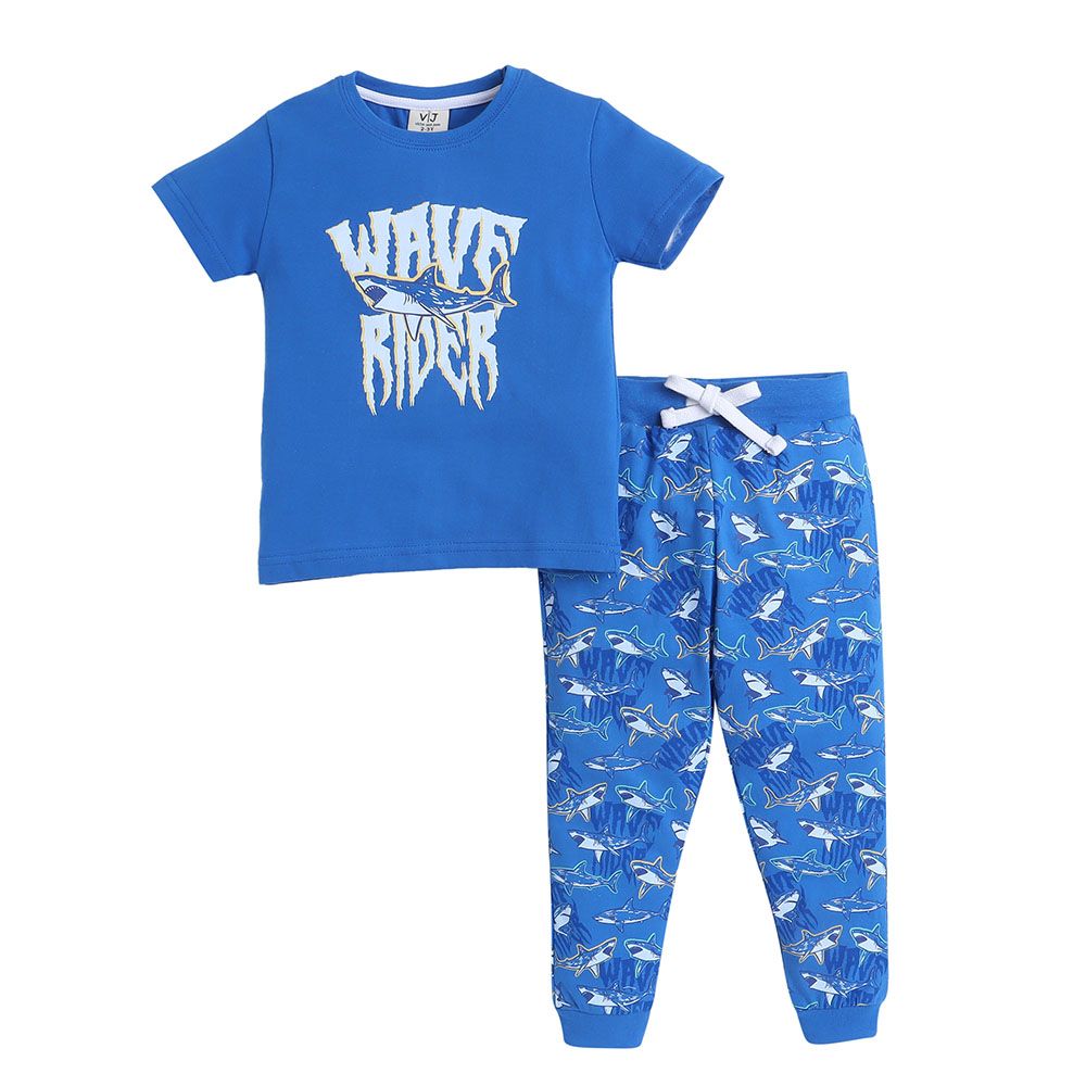 Victor And Jane - 2pc-Set - Boy's Wave Rider Printed T-Shirt And Long Pants - Blue