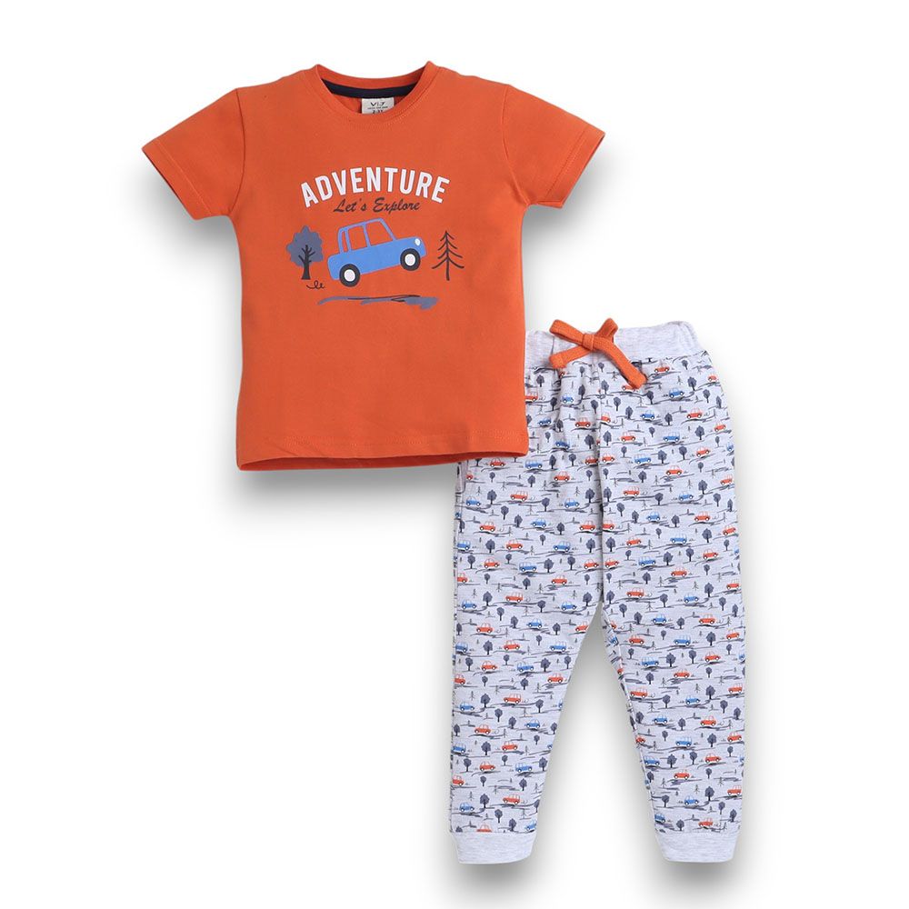 Victor And Jane - 2pc-Set - Boy's Adventure Printed T-Shirt And Long Pants - Orange/Multicolor