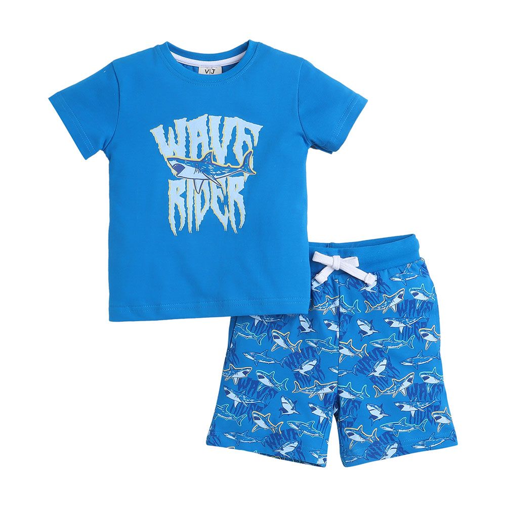 Victor And Jane - 2pc-Set - Boy's Wave Rider Printed T-Shirt And Shorts - Blue