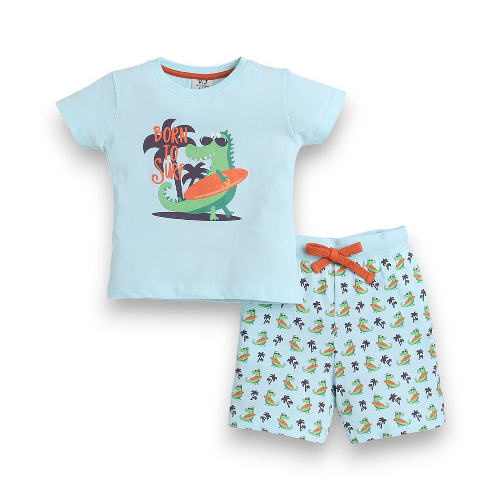 Victor And Jane - Boys Pyjama Set- Printed T-shirt And Shorts Set - Mint