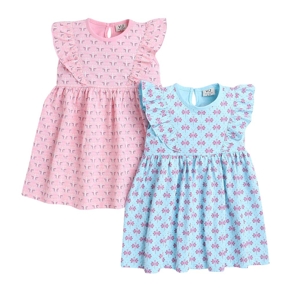 Victor And Jane - All Over Butterfly Printed Dress - Pink And Blue - 2 Pcs