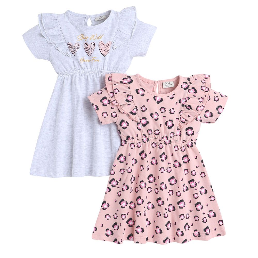 Victor And Jane - Hearts And All Over Printed Flower Ruffle Dresses - 2 Pcs