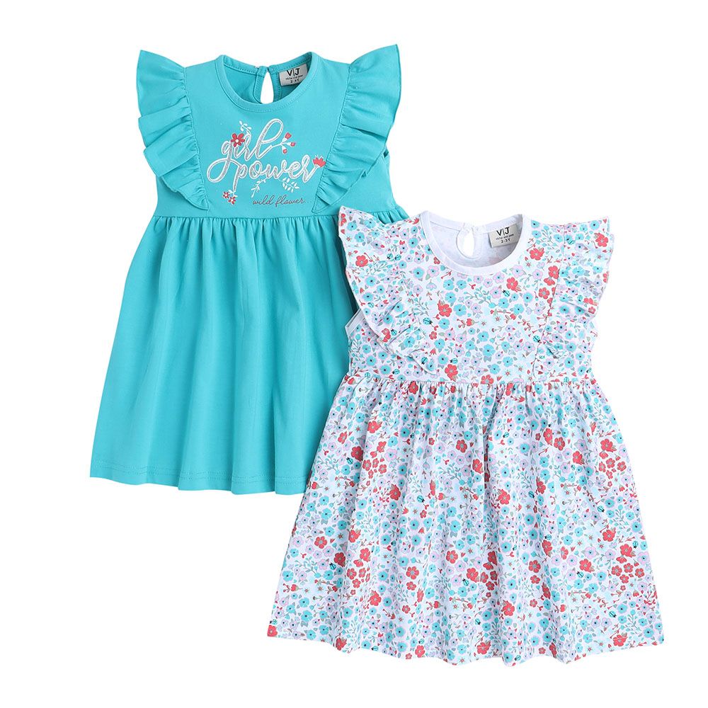 Victor And Jane - Ruffle Dress Plain And Flower Prints - Blue - 2 Pcs