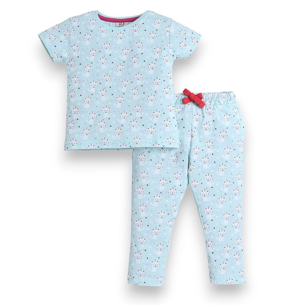 Victor and Jane - All-Over Cats Printed Girls Pyjama Set - Blue