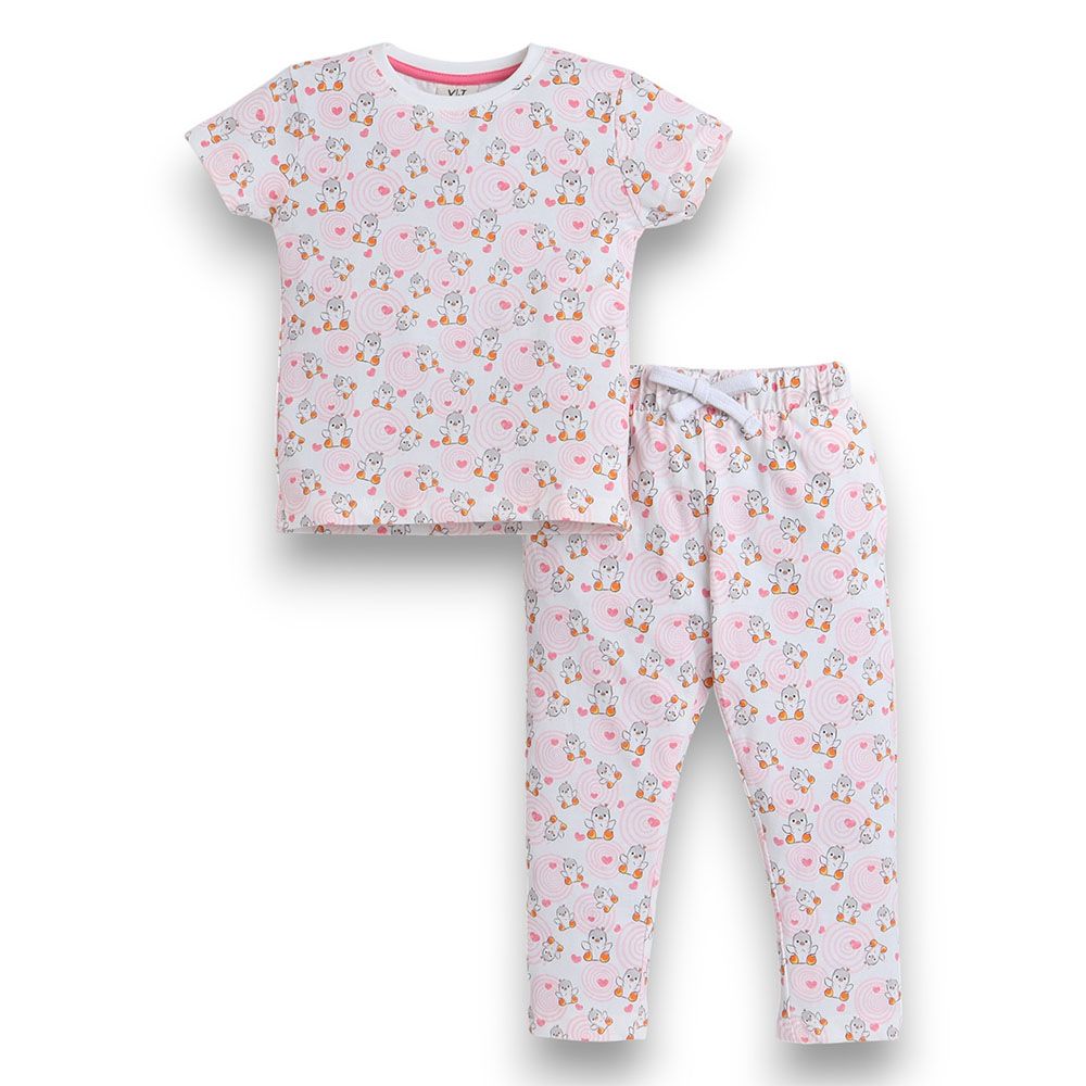 Victor and Jane - Girls Pyjama All-Over Printed T-Shirt And Long Pants Set - Light Pink