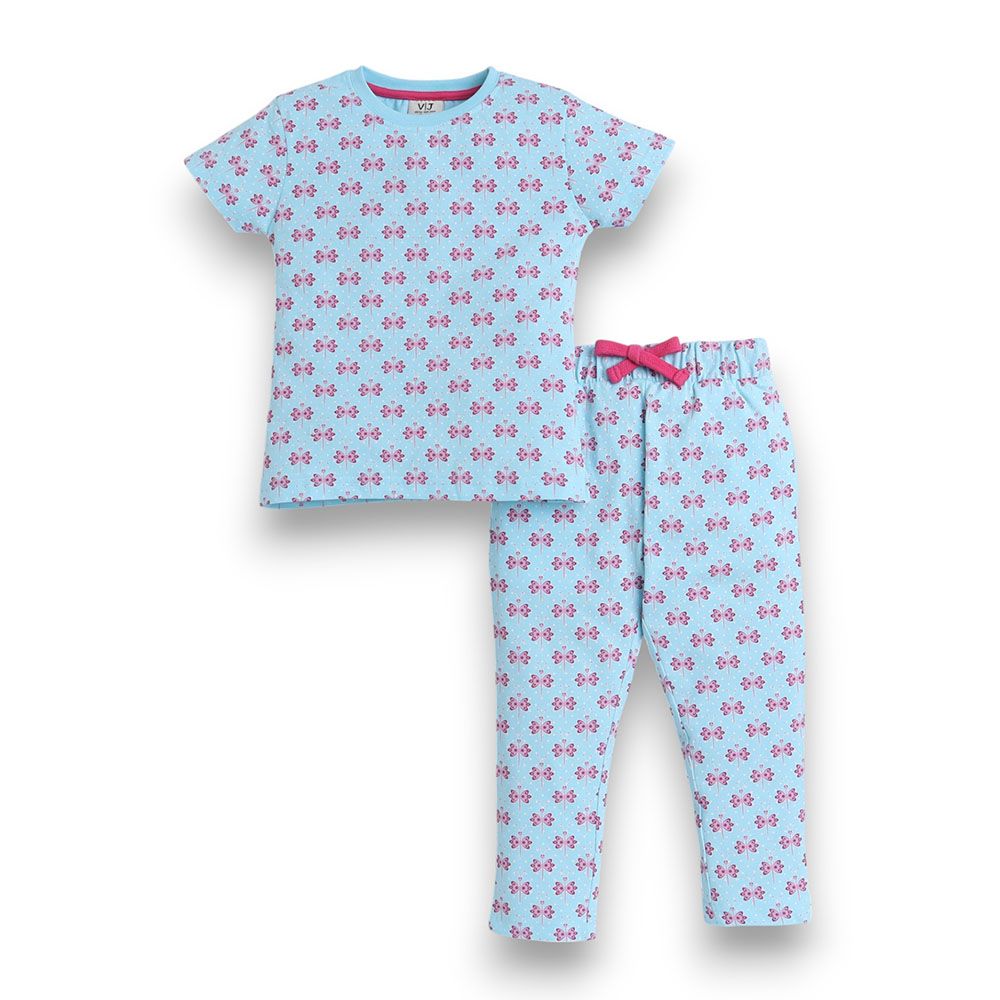 Victor and Jane - Girls Pyjama All-Over Printed T-Shirt And Long Pants Set - Blue