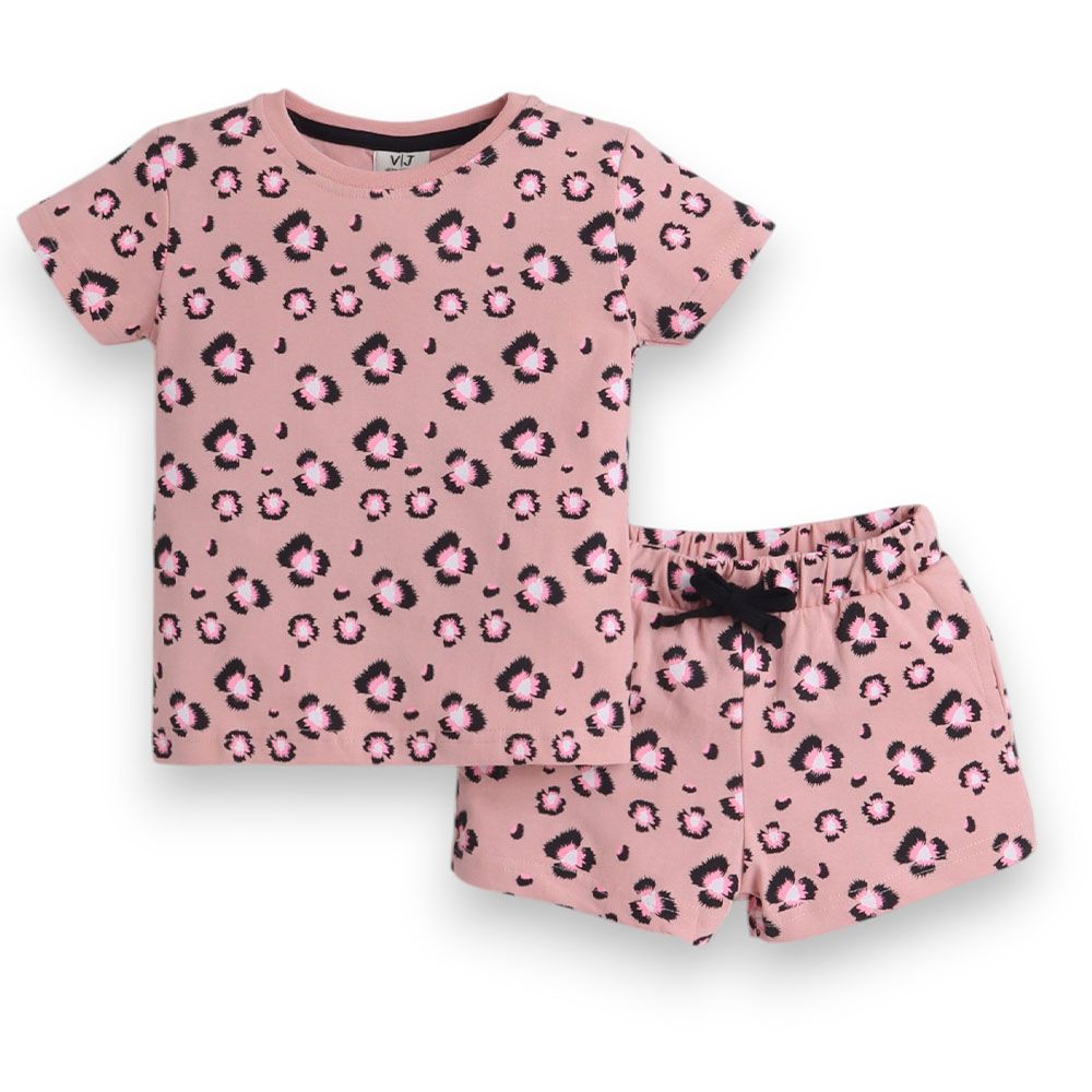 Victor And Jane - 2pc-Set - Girl's All Over Printed T-Shirt And Shorts - Pink