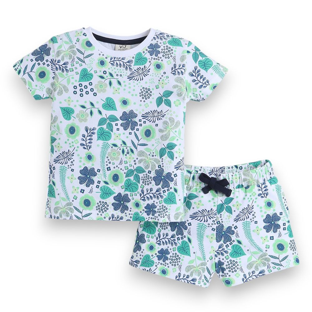 Victor And Jane - 2pc-Set - Girl's All Over Printed T-Shirt And Shorts - Forest